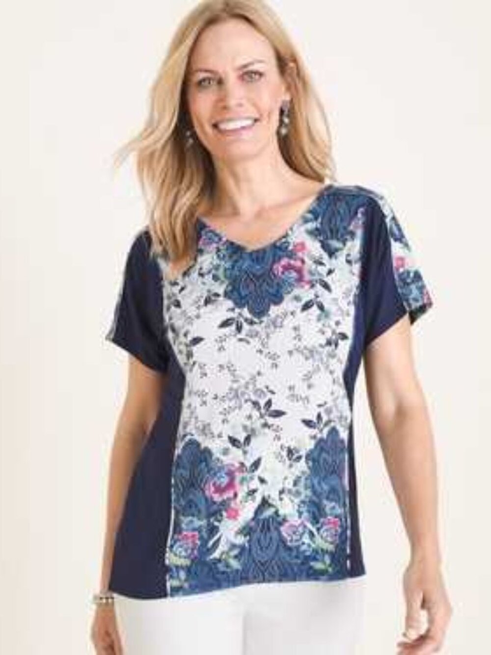 CHICO'S Size 2 Pieced Floral And Geometric-Print Top